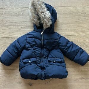 Zara baby girl navy coat hooded faux fur removable 12/18m